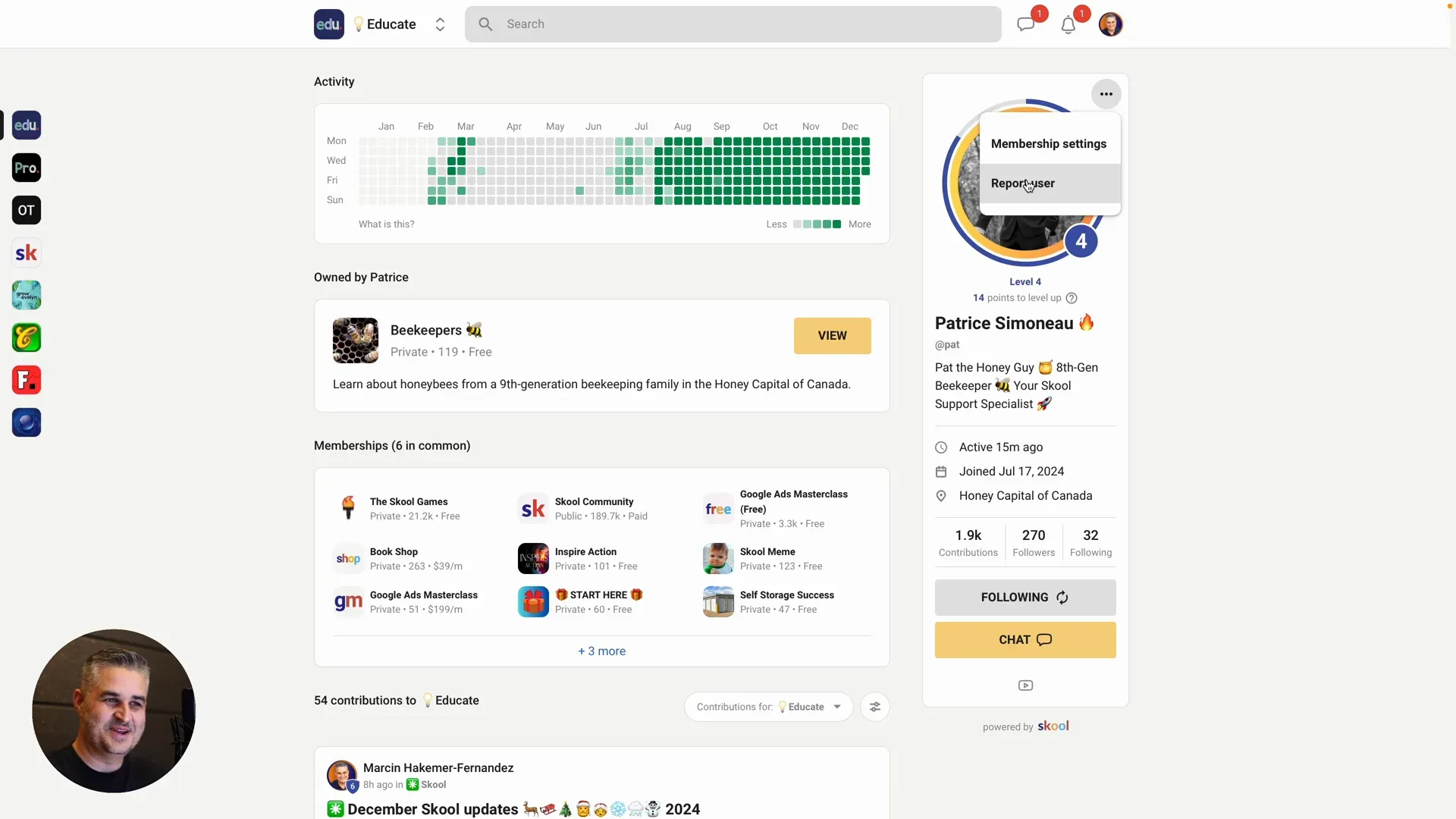 User reporting options screenshot
