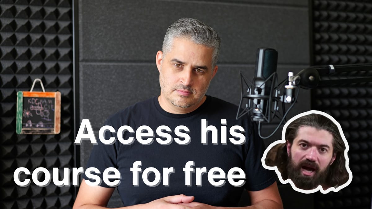An image of me, a sticker with Alex Hormozi's face, and the text "Access his course for free"