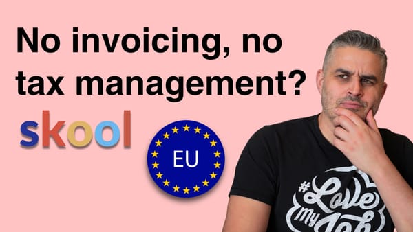 Feature image with me on it, the Skool logo, an EU symbol and the text "No invoicing, no taxe management?