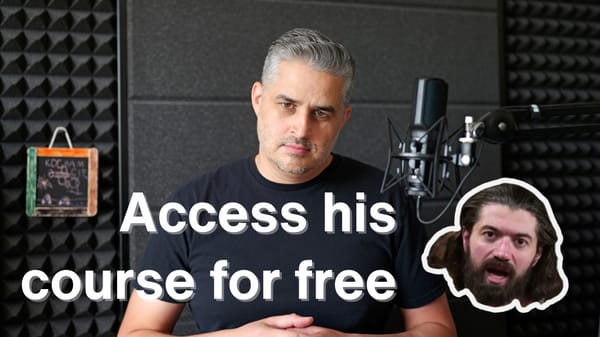 An image of me, a sticker with Alex Hormozi's face, and the text "Access his course for free"